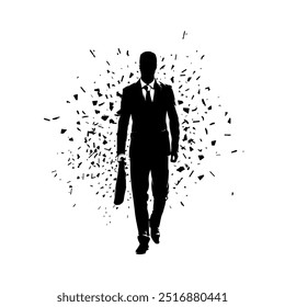 Business man walking and holding  briefcase bag in his hand, isolated vector silhouette, ink drawing. Side view