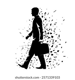 Business man walking and holding briefcase bag in hand, isolated vector silhouette with dispersion effect