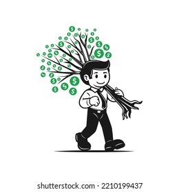 business man walking holding trees money vector illustration