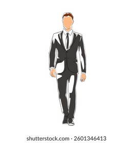 Business man walking, isolated vector line art flat design illustration. Man in suit. Business people