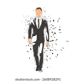 Business man walking, isolated vector line art flat design illustration. Man in suit. Business people, distortion effect
