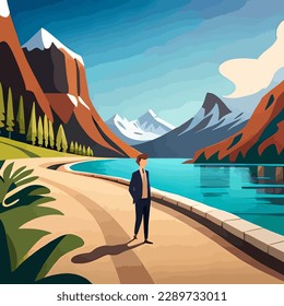 business man walking in nature