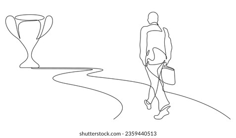 business man walking on the road to success trophy award in continuous line drawing vector illustration