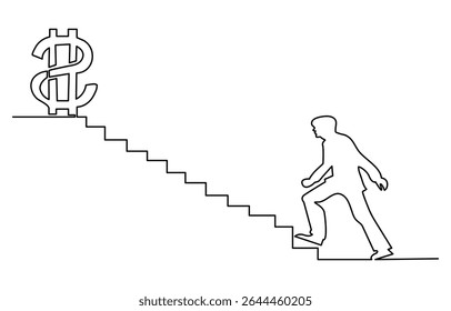business man walking on the road to success trophy award in continuous line drawing vector illustration