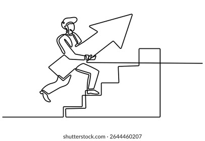 business man walking on the road to success trophy award in continuous line drawing vector illustration