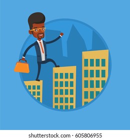 Business man walking on the roofs of city buildings. Business man walking on the roofs of skyscrapers. Man walking to the success. Vector flat design illustration in the circle isolated on background.