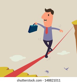 Business man walking on rope at risk but nearly get to goal. Vector illustration.