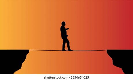 Business Man Walking on Thin Rope over Precipice in Sunlight. Overcoming dangers and obstacles at work vector art