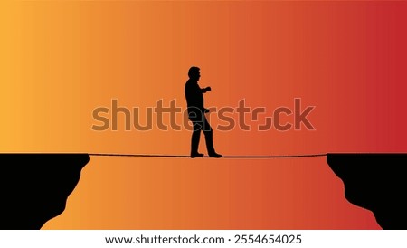 Business Man Walking on Thin Rope over Precipice in Sunlight. Overcoming dangers and obstacles at work vector art