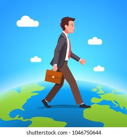 Business man walking over terrestrial globe crossing borders and ocean between continents. Young business person moving earth planet. Workforce migration metaphor. Flat vector character illustration