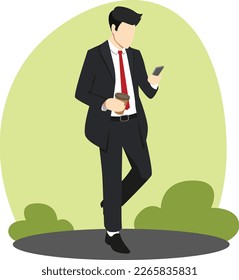 Business man walking with phone and coffee illustration