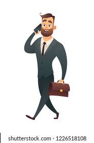Business man walking with phone and suitcase success character vector