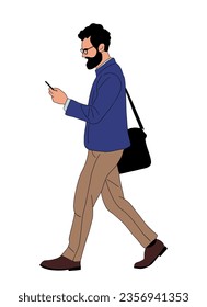 Business man walking side view. Bearded handsome man in smart casual office outfit with phone, laptop bag. Texting, chatting, communicating. Vector realistic illustration isolated on white background