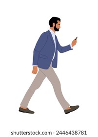 Business man walking side view, holding phone. 