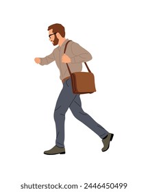 Business man walking side view, holding phone. 
