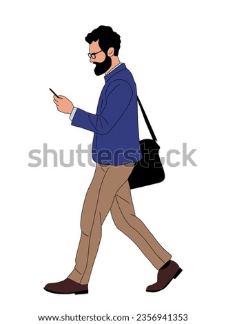 Business man walking side view. Bearded handsome man in smart casual office outfit with phone, laptop bag. Texting, chatting, communicating. Vector realistic illustration isolated on white background