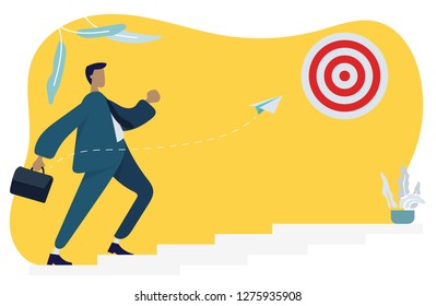 Business man walking up the Stairs, on a graph going up. Success, idea, growing, international business and strategy vector illustration. New business project start-up design