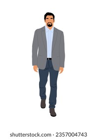 Business man walking, standing front view. Bearded handsome man in smart casual office outfit, jeans and jacket. Cartoon male character. Vector realistic illustration isolated on white background
