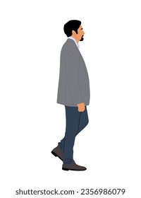 Business man walking, standing side view. Bearded handsome man in smart casual office outfit, jeans and jacket. Cartoon male character. Vector realistic illustration isolated on white background