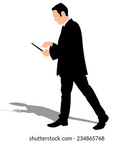 Business man walking touchscreen digital tablet, vector 
