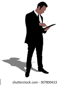 Business man walking touchscreen digital tablet, vector 