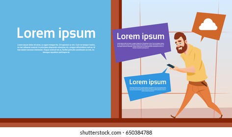 Business Man Walking Use Cell Smart Phone Surfing Internet Online Banner With Copy Space Flat Vector Illustration