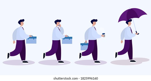 business man walks with a briefcase, phone, coffee, umbrella . White background. vector illustration