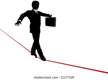 A business man walks a high wire tightrope, above risk and danger, the businessman balances with a briefcase.