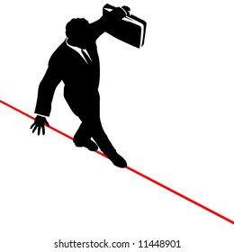 A business man walks a high wire tightrope, above risk and danger, the businessman balances with a briefcase.