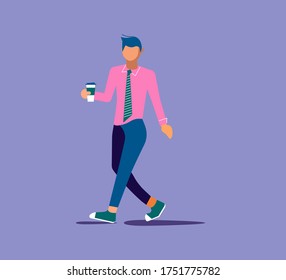 Business man walks and holds a hot beverage mug in his hand. Coffee break time in office. Isolated on purple. Flat Art Vector illustration