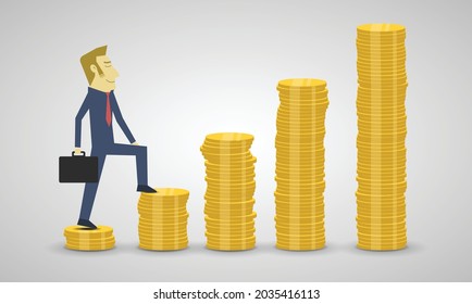 Business man walks up on stack of coins rising - concept of money growth and investment