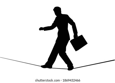 Business man walks on wire tightrope silhouette vector