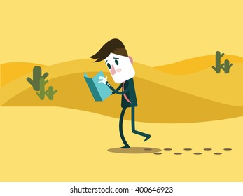 A business man watching a map. alone on a desert. business trouble concept. flat character design. vector illustration