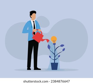 Business man watering to growing idea, Grow business, growth 2D flat vector concept for banner, website, illustration, landing page, flyer, etc