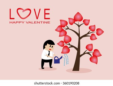 Business man watering the love tree concept for valentine card vector with empty space for message
