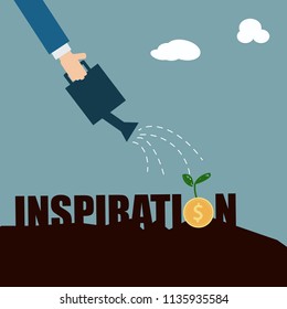 Business man watering money plants for growing with inspiration in the future ,flat vector design.