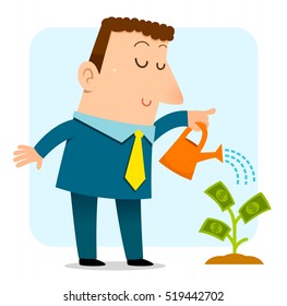 business man watering a sapling that grows money