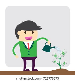 business man watering a sapling that grows money, vector