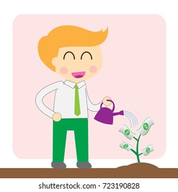 business man watering a sapling that grows money, vector