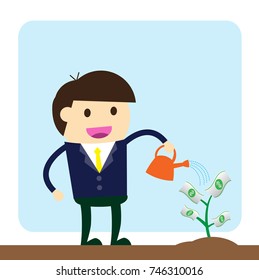 business man watering a sapling that grows money, vector