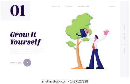 Business Man Watering Trees in Garden with Water Can. Life Cycle, Time Line and Growth Metaphor, Gardening Hobby, Success. Website Landing Page, Web Page. Cartoon Flat Vector Illustration, Banner
