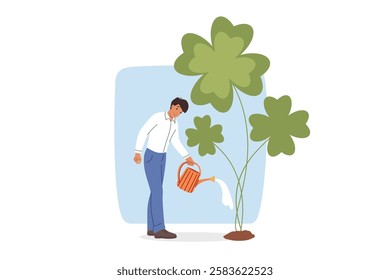 Business man waters large clover, taking care of developing own luck to accumulate capital in future. Business guy grows money tree to increase chances of getting high income and career growth