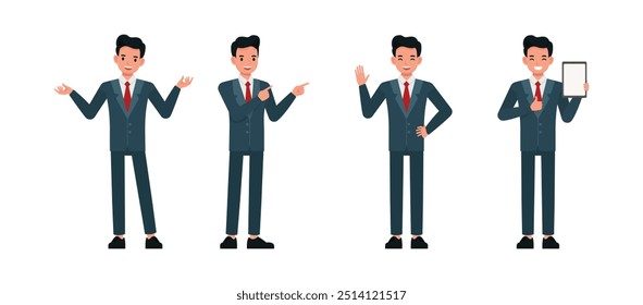 El hombre de negocios usa un traje azul y trabaja en el conjunto de diseño de Ilustración vectorial de personajes de oficina. Presentación en diversas acciones.