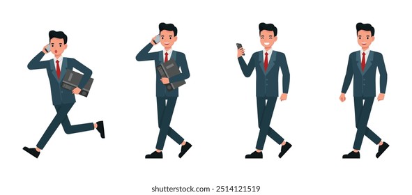 Business man wear blue suit and working in office character vector illustration design set. Presentation in various action.