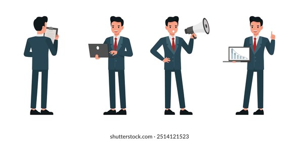 El hombre de negocios usa un traje azul y trabaja en el conjunto de diseño de Ilustración vectorial de personajes de oficina. Presentación en diversas acciones.