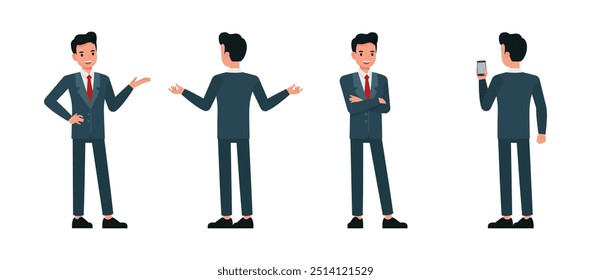 Business man wear blue suit and working in office character vector illustration design set. Presentation in various action.