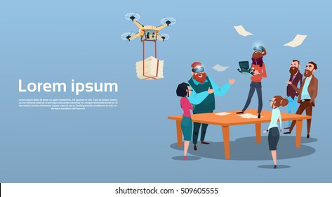 Business Man Wear Digital Glasses Visual Reality Businesspeople Group Meeting Drone Flying drone Flat Vector Illustration