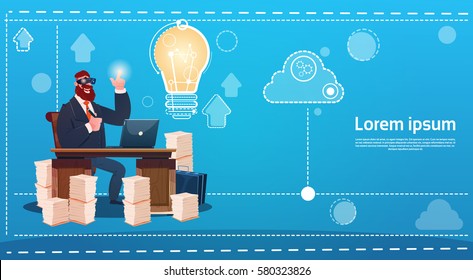 Business Man Wear Digital Reality Glasses New Idea Startup Concept Laptop Workplace Flat Vector Illustration