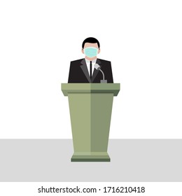 A business man wear hygienic green mask stand on the podium, healthcare vector isolated on white background