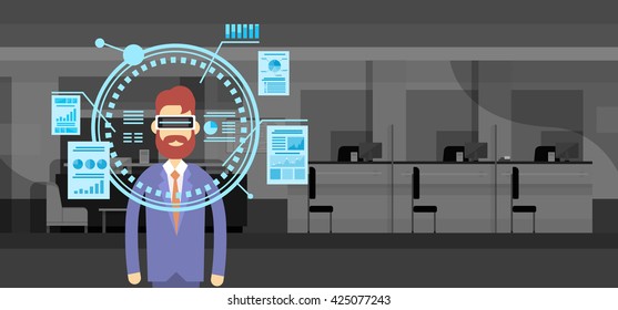 Business Man Wear Virtual Reality Digital Glasses Finance Graph Chart Office Background Flat Vector Illustration